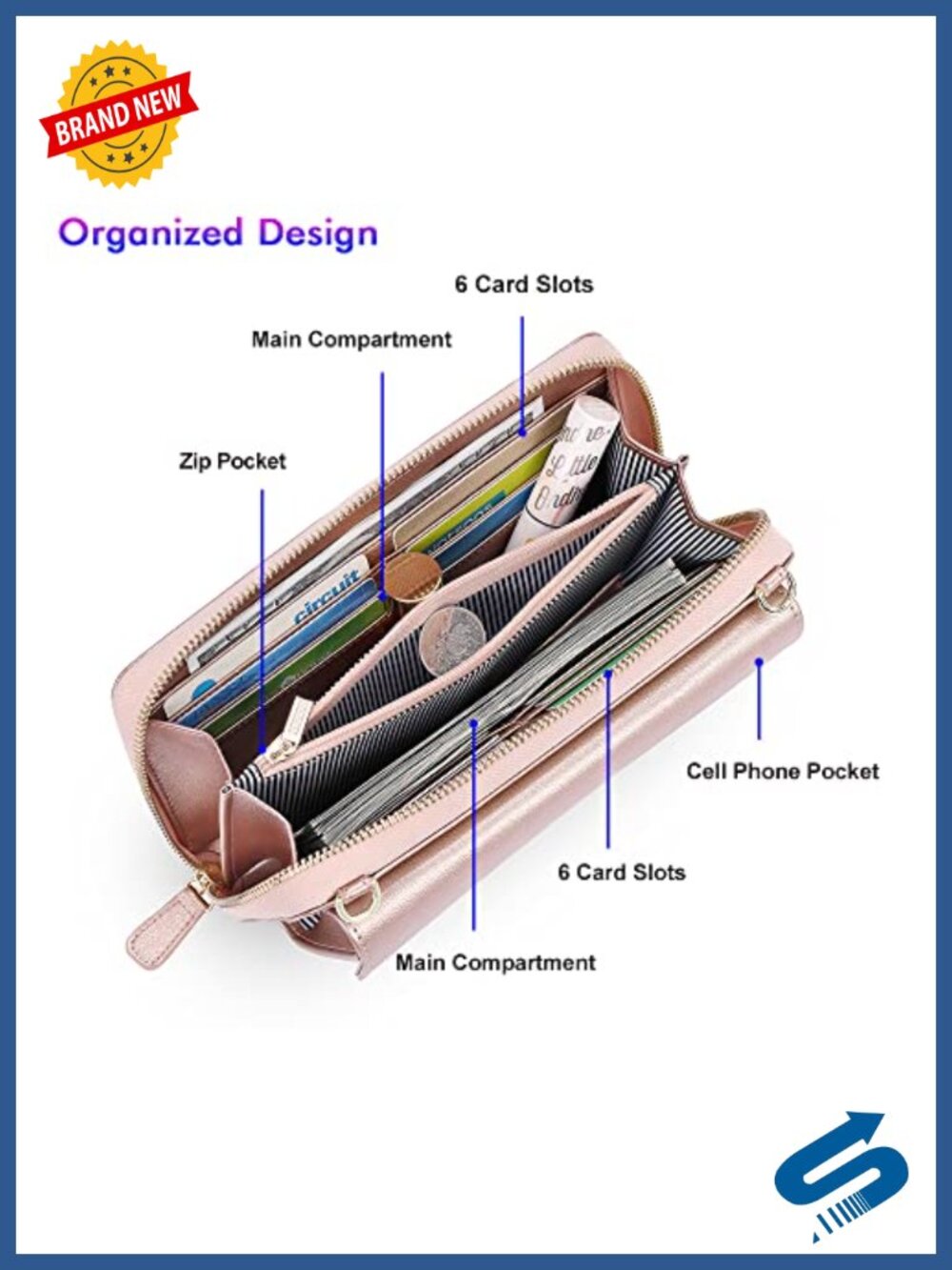 RFID Blocking Wristlet Wallet Crossbody Clutch with Cell Phone Pocket - Picture 3 of 6